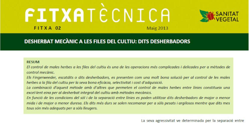 FT nº02: Desherbat mecànic a les files del cultiu: Dits desherbadors