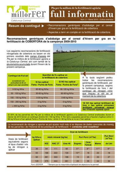 Núm. 2 Recomanacions genèriques d'adobatge per al cereal d'hivern per gra en la fertilització de cobertora