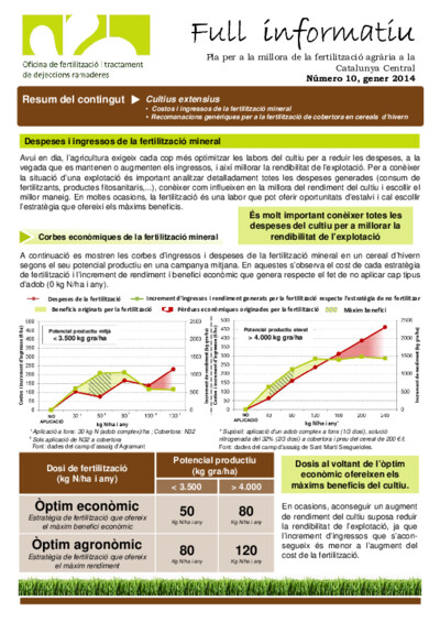 Núm. 10 Costos i ingressos de la fertilització mineral. Recomanacions genèriques per a la fertilització de cobertora en cereals d'hivern