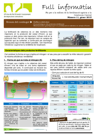 Núm. 11 Característiques dels productes fertilitzants. Recomanacions genèriques per a la fertilització de cobertora en cereals d'hivern