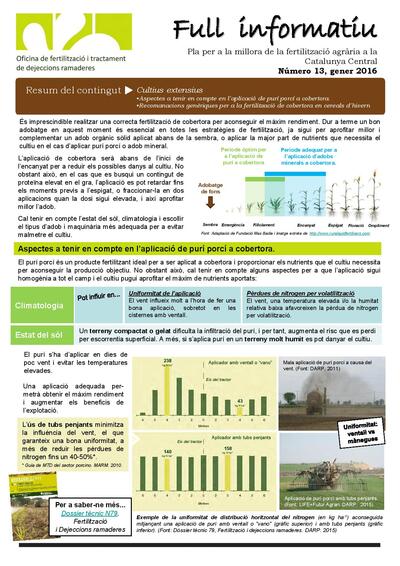 Núm. 13 Aspectes a tenir en compte en l'aplicació de purí porcí a cobertora. Recomanacions genèriques per a la fertilització de cobertora en cereals