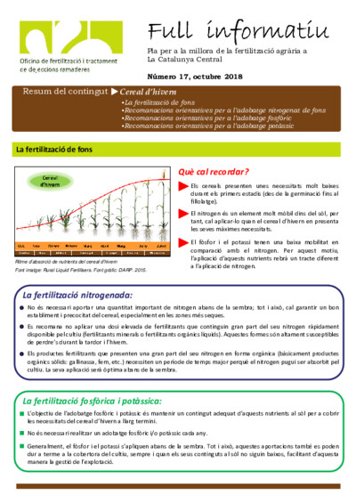 Núm. 17 La fertilització de fons. Recomanacions orientatives per a l’adobatge nitrogenat de fons, per a l’adobatge fosfòric i per a l’adobatge potàssic