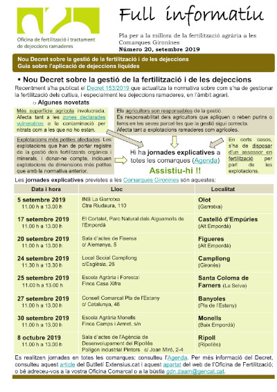 Núm. 20 Nou Decret sobre la gestió de la fertilització i de les dejeccions. Guia sobre l’aplicació de dejeccions líquides