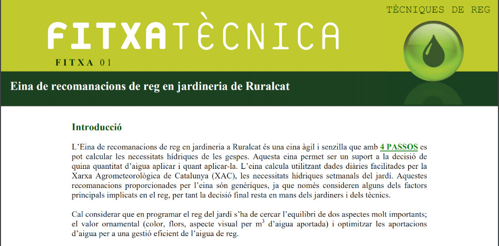 FT nº01: Eina de recomanacions de reg en Jardineria RuralCat