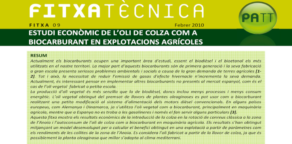 FT nº 9: Estudi econòmic de l'oli de colza com a Biocarburant en explotacions agrícoles