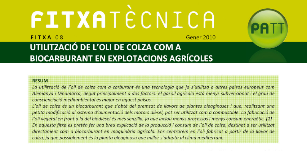 FT nº 8: Utilització de l'oli de colza com a Biocarburant en explotacions agrícoles